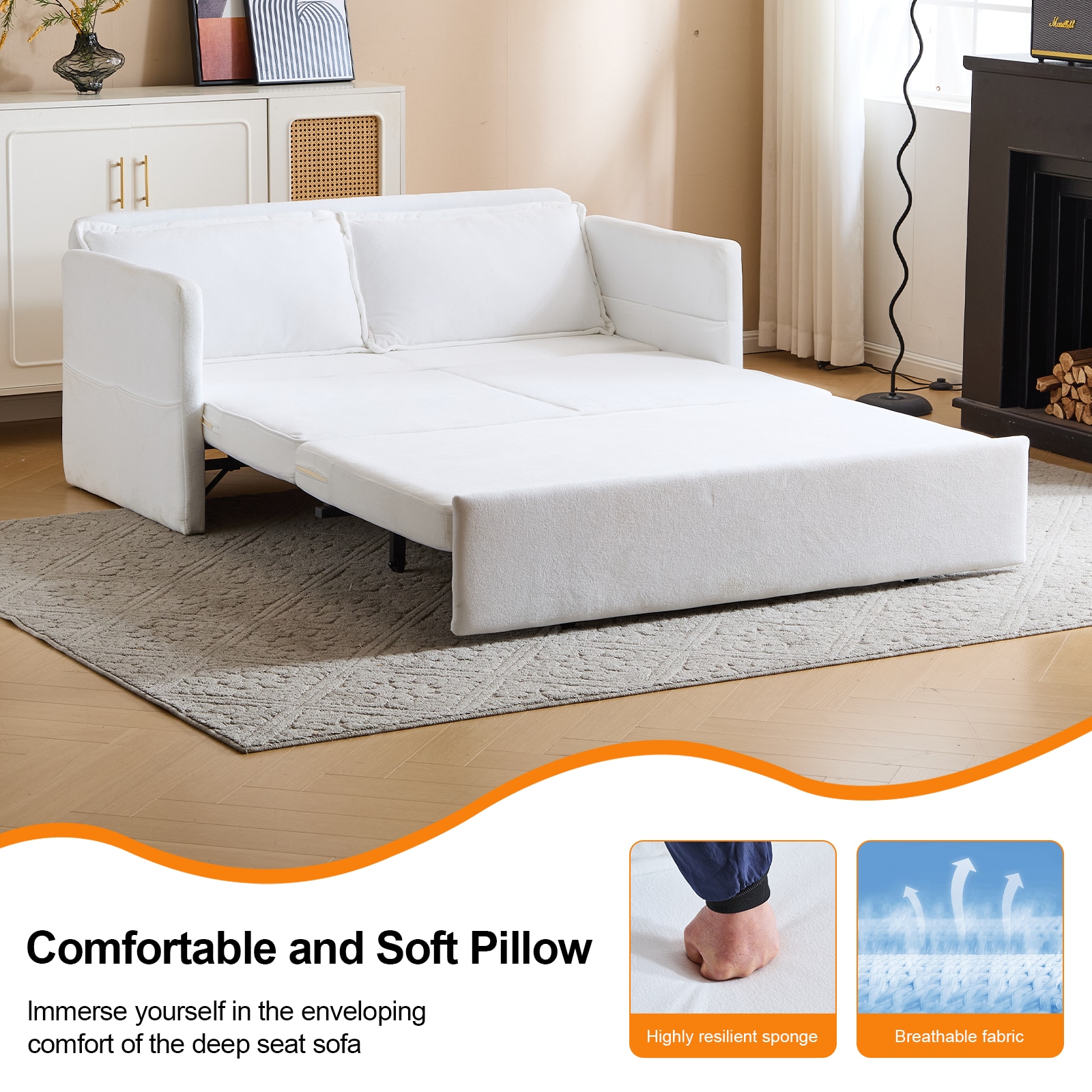 Adult Sleeper Chair Bed, 3-in-1 Convertible Sofa Chair Bed Pull-out Sofa Bed, Convenient Folding Tray Table With USB And Type-C Charging Ports Modern Loveseat For Living Room,WHITE,Fabric_voghion.com